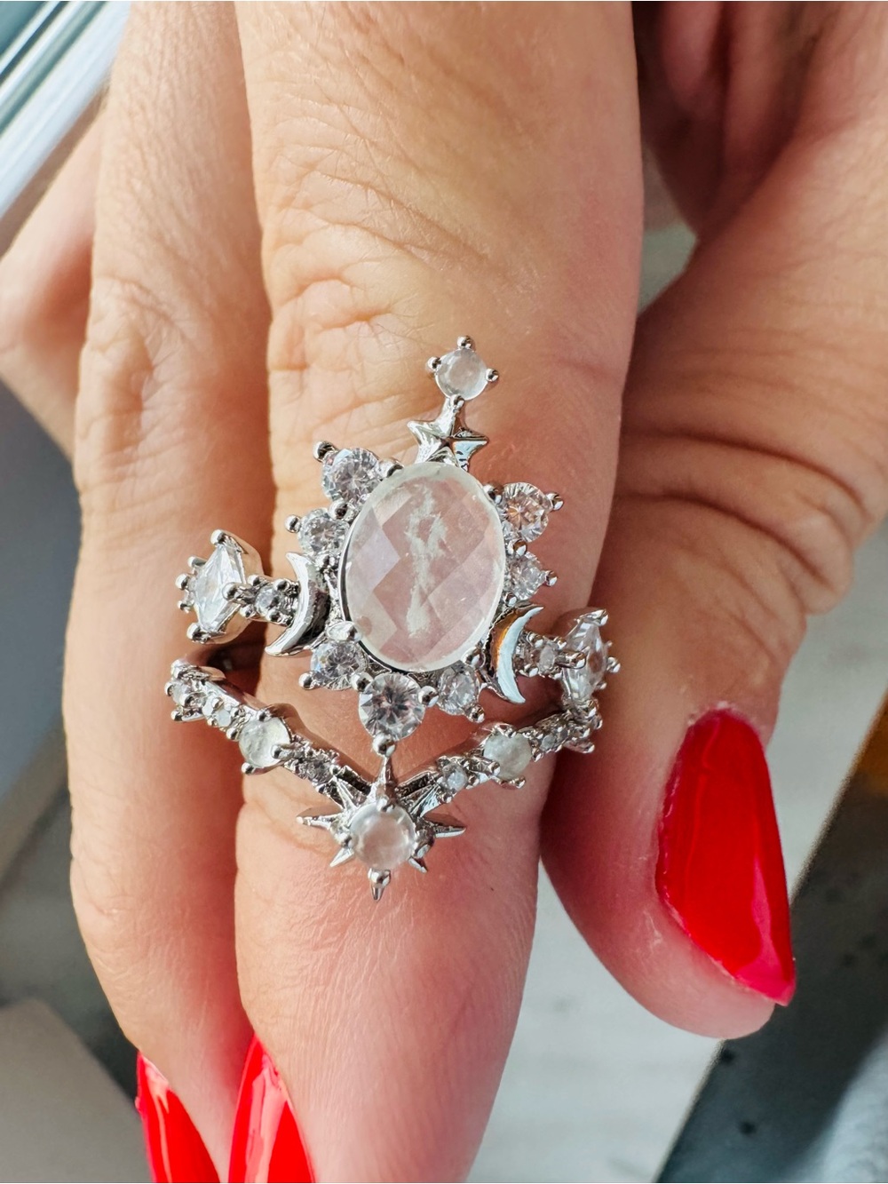 Bomb Party Halo Silver Moonstone Two-Piece Ring Set Size 7